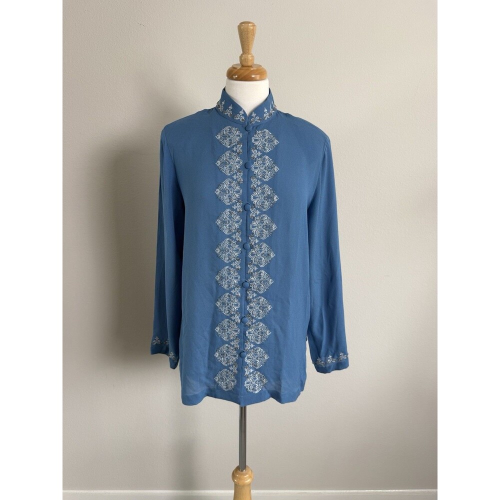 Yi Lin Blue Silk Embroidered Beaded Jacket Blouse Medium